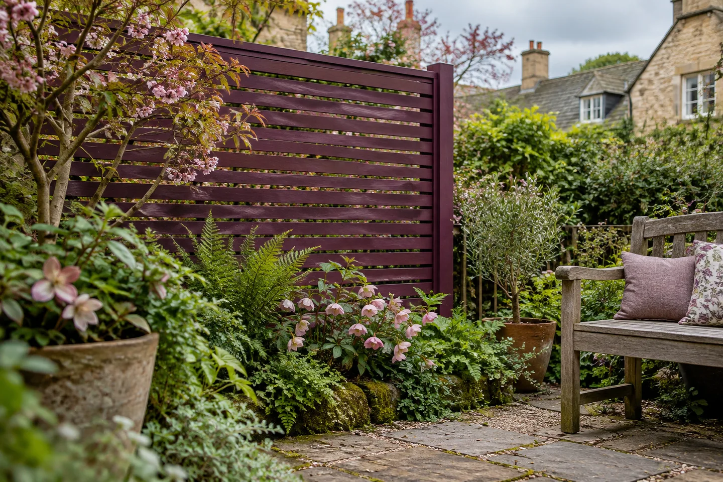 Plum-colored slatted screen beside a garden bench and moss-green planting