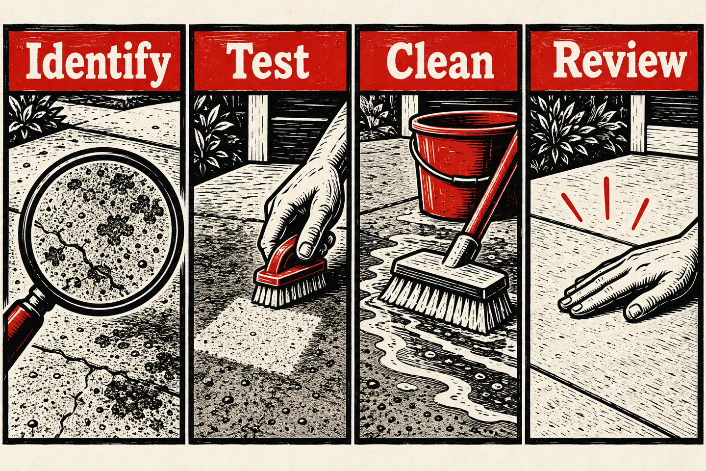 Four-panel linocut cleaning guide from identifying the surface to reviewing it dry