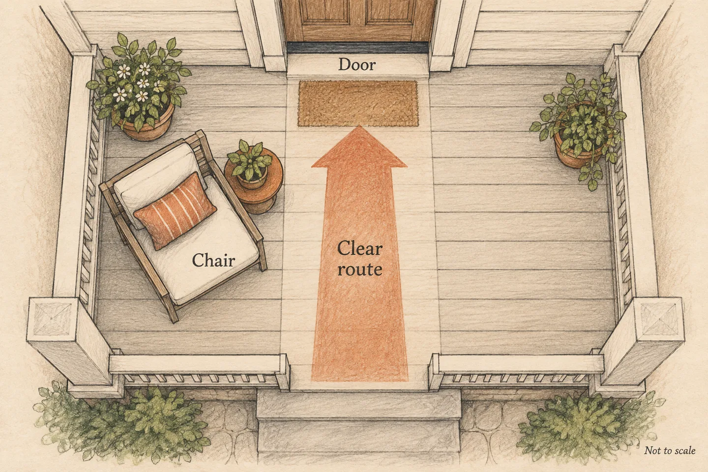Pencil porch plan showing a chair zone and clear entry route