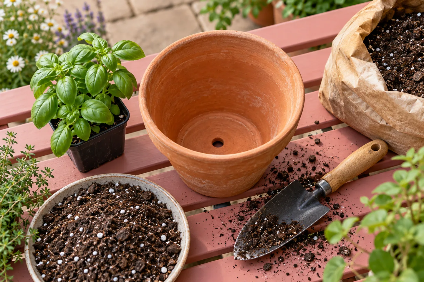 Clay pot, seedling, potting mix and trowel on a dusty-rose gardening bench