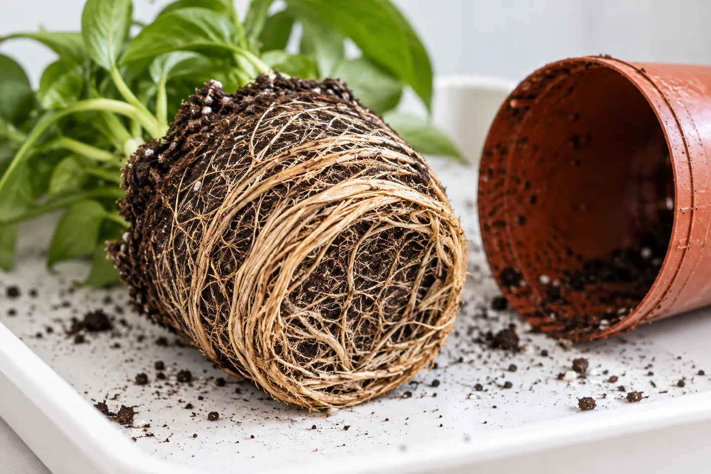 Close view of circling roots beside a small rust-colored nursery pot