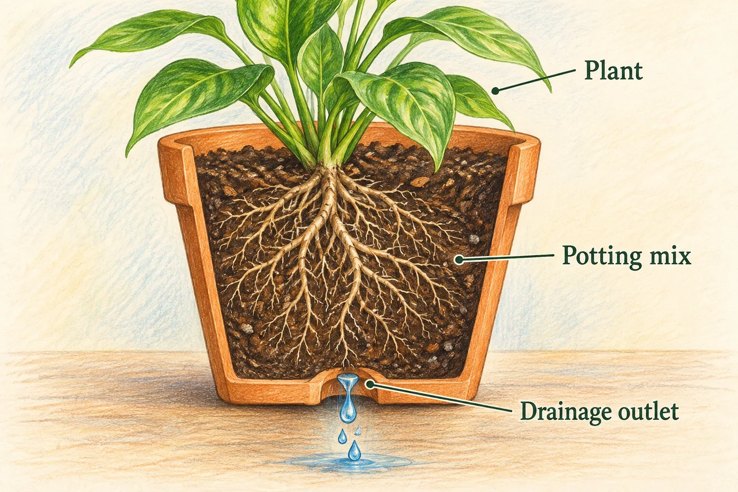 Colored-pencil container cutaway showing plant, potting mix and drainage outlet