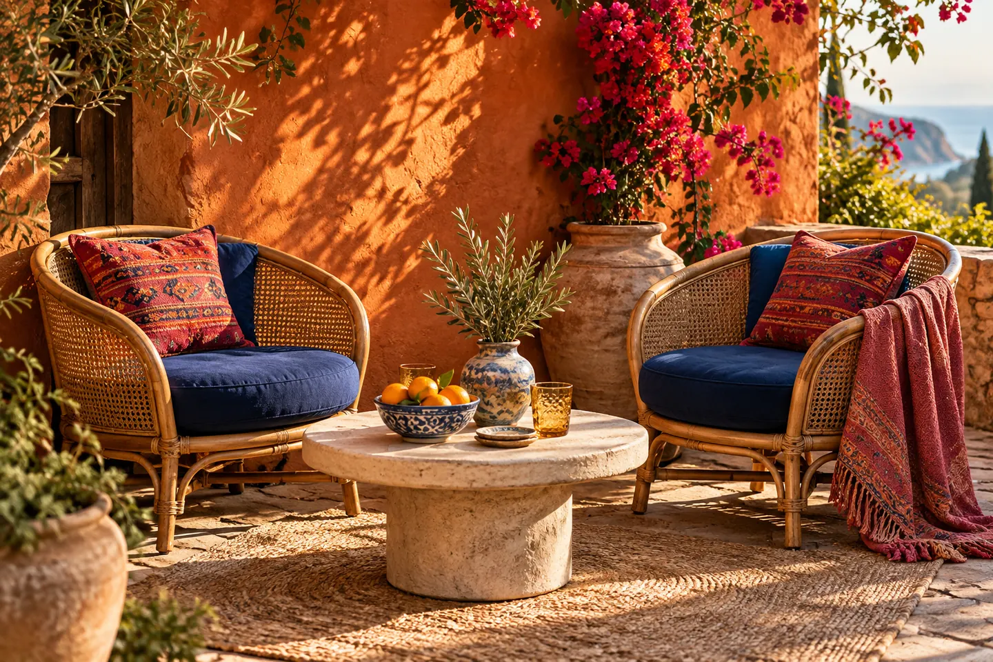 Cane chairs with blue cushions grouped around a table against an orange wall