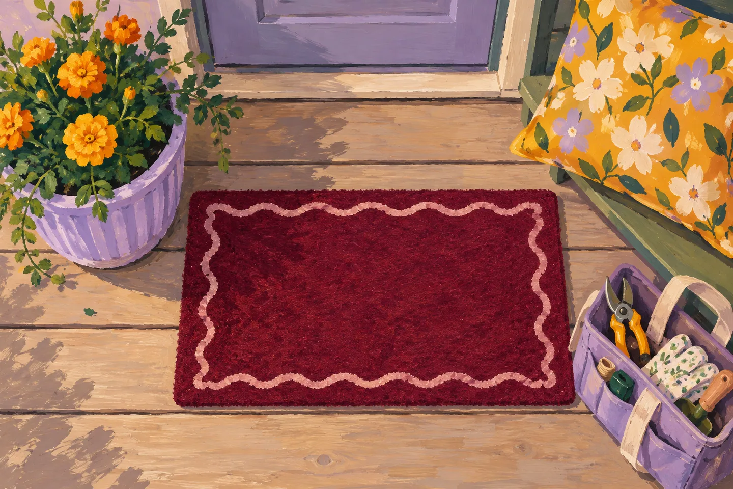 Gouache illustration of a doormat, cushion cover, planter and tool bag