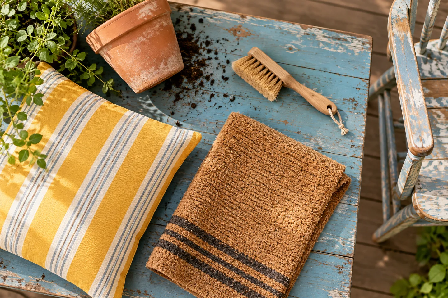 Overhead view of a reused planter, yellow cushion and doormat on a blue worktable