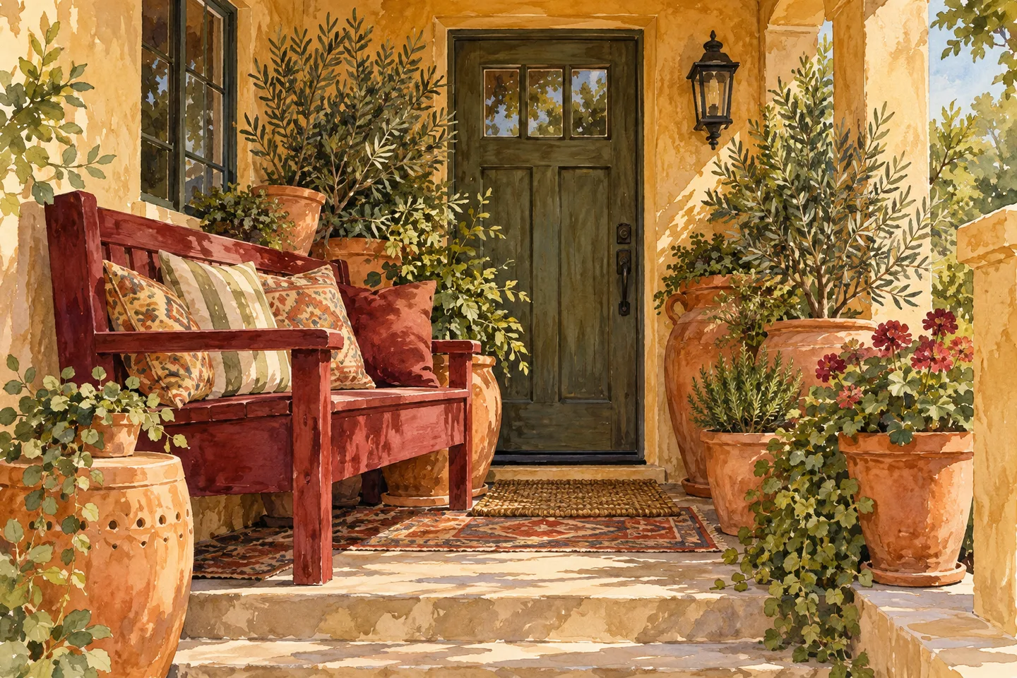 Watercolor showing an overcrowded porch with an oversized bench and scattered pots