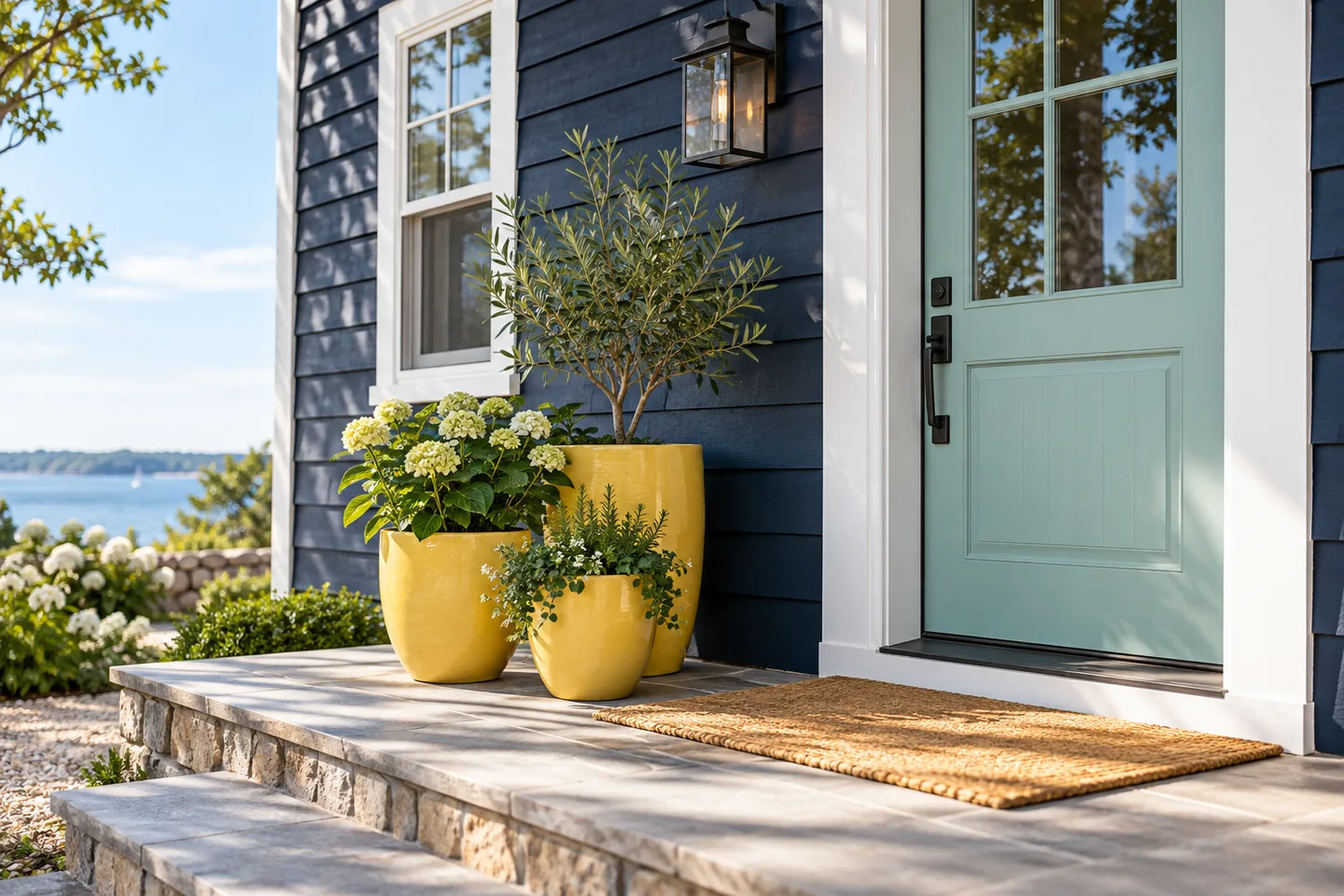 Three yellow planters grouped beside a seafoam door and navy siding