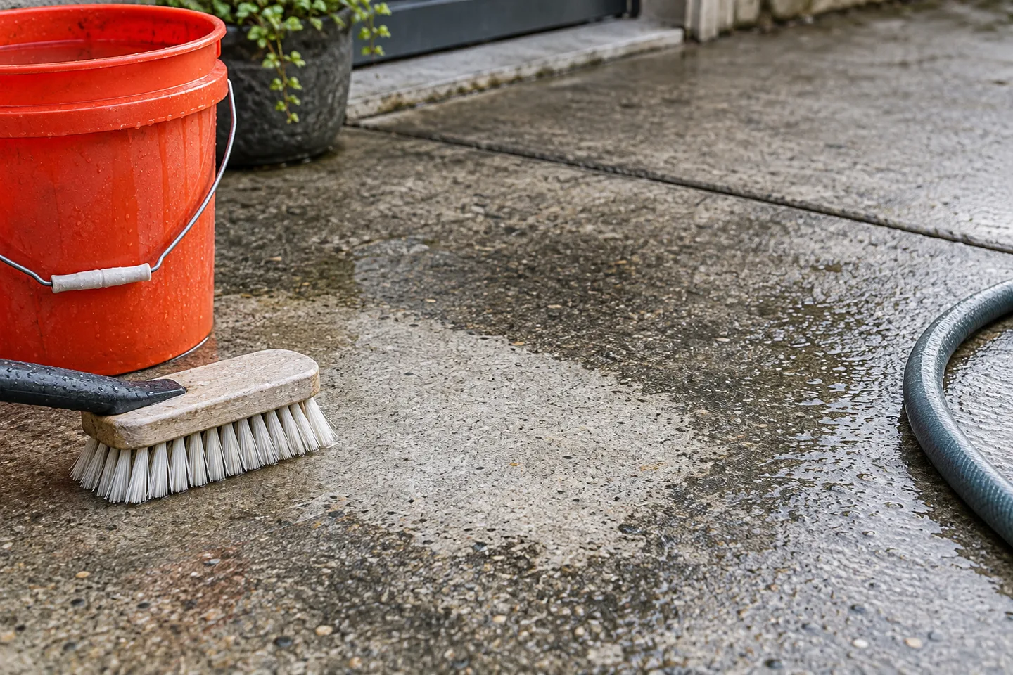 Red bucket and soft brush beside a damp test area on gray concrete