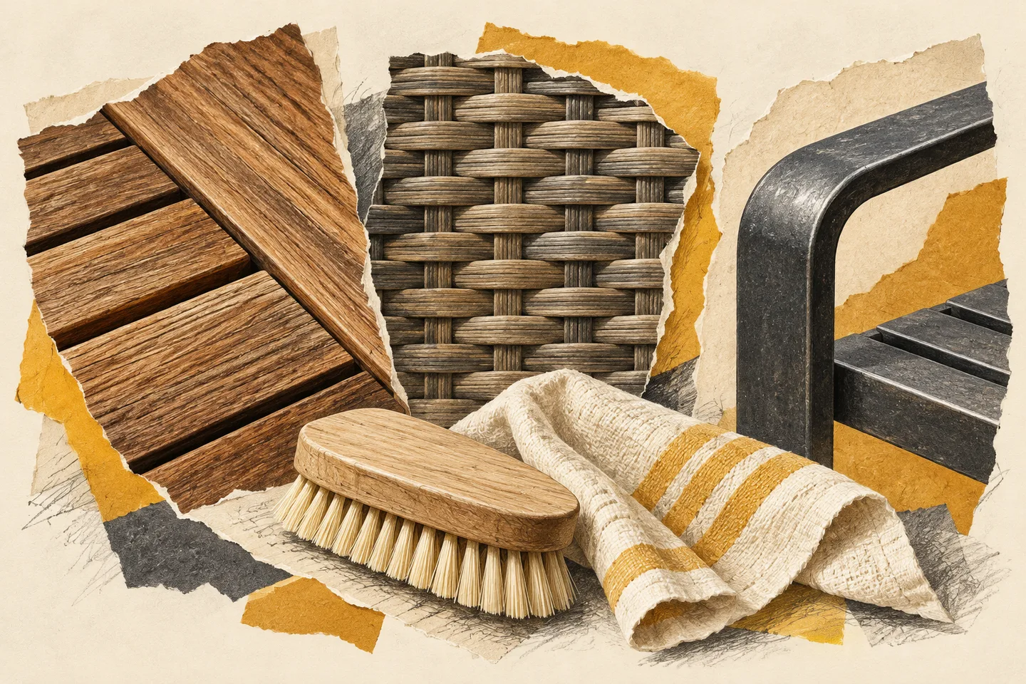 Cut-paper illustration comparing wood, resin weave and coated metal furniture materials