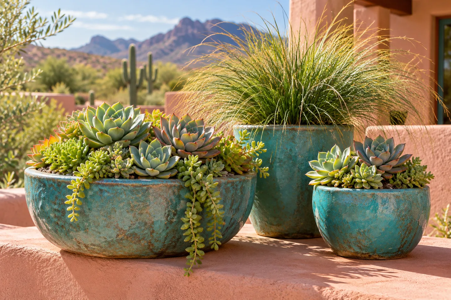 Succulent foliage and compact ornamental grass in turquoise outdoor pots