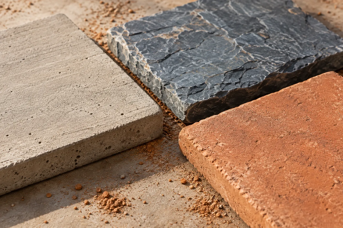 Close view of concrete, slate and terracotta paving samples