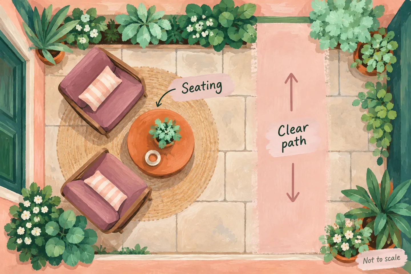 Painted patio plan separating a seating group from the walking route