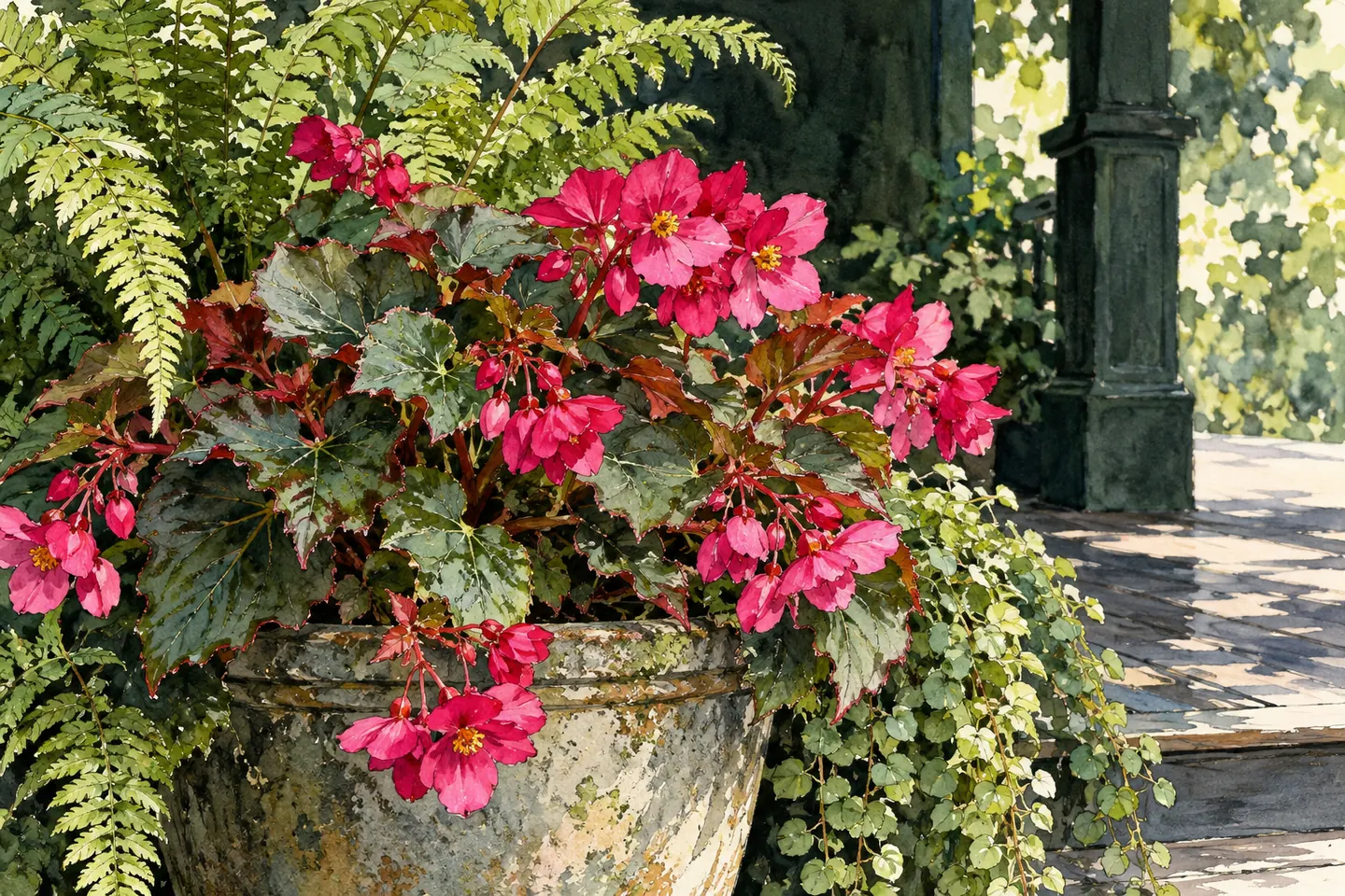 Botanical watercolor of fuchsia begonias and green fern foliage in containers