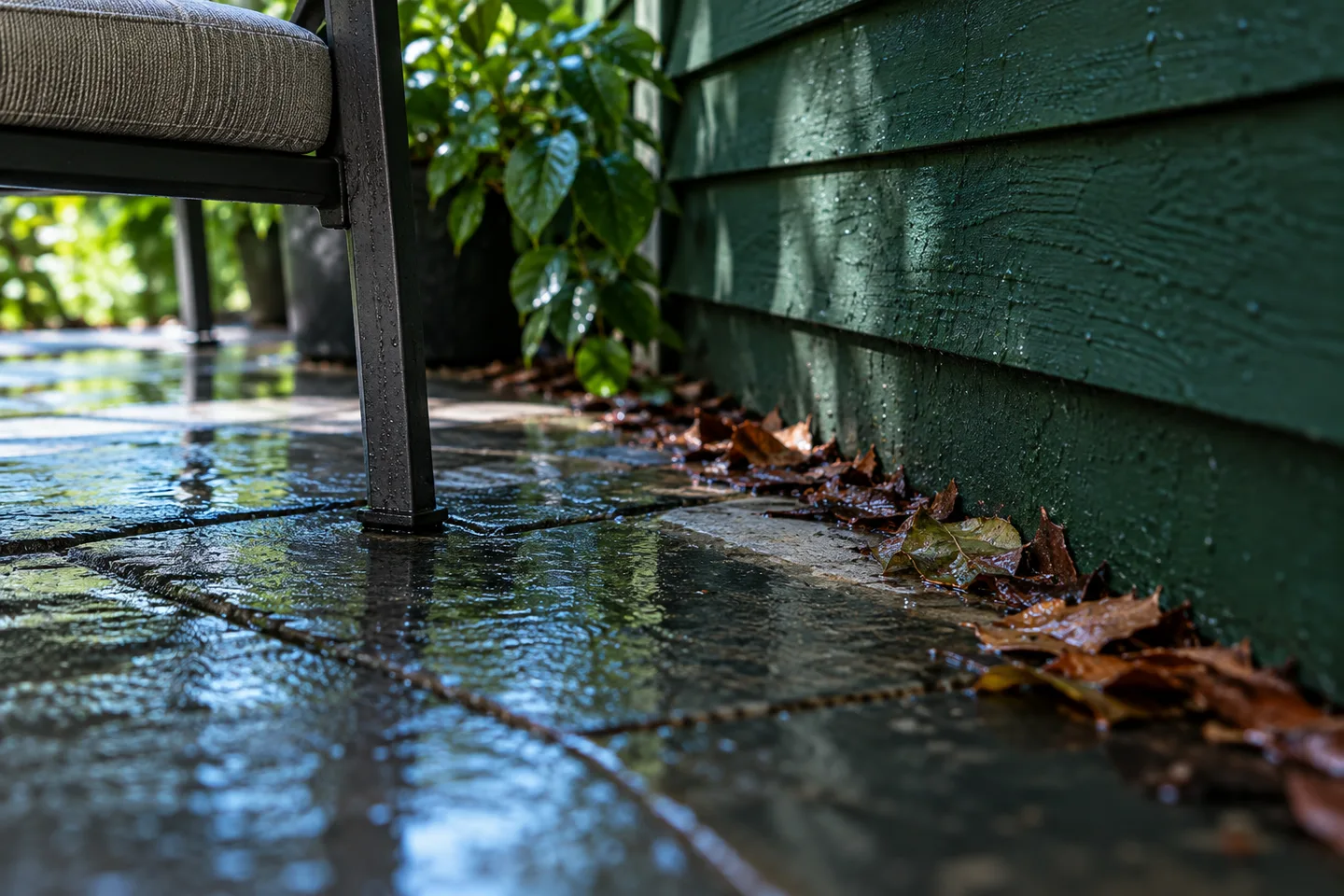 Damp patio edge with swept leaves and a chair positioned away from green siding
