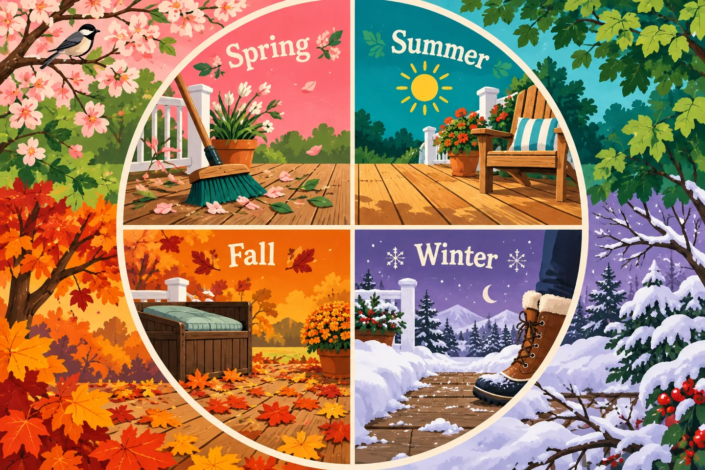 Colorful seasonal wheel illustrating spring, summer, fall and winter porch care