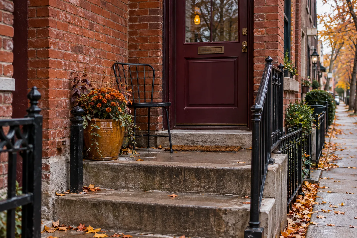 A narrow red-brick stoop with a dark chair, burgundy door and autumn planter