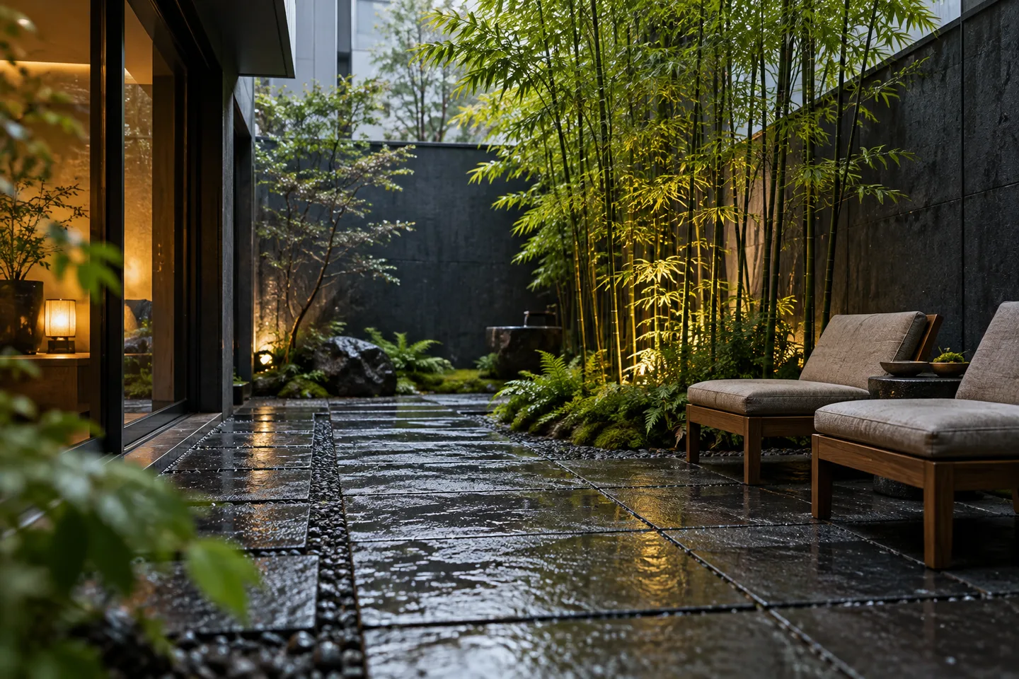 Small charcoal-stone courtyard with low seats, green planting and an open route