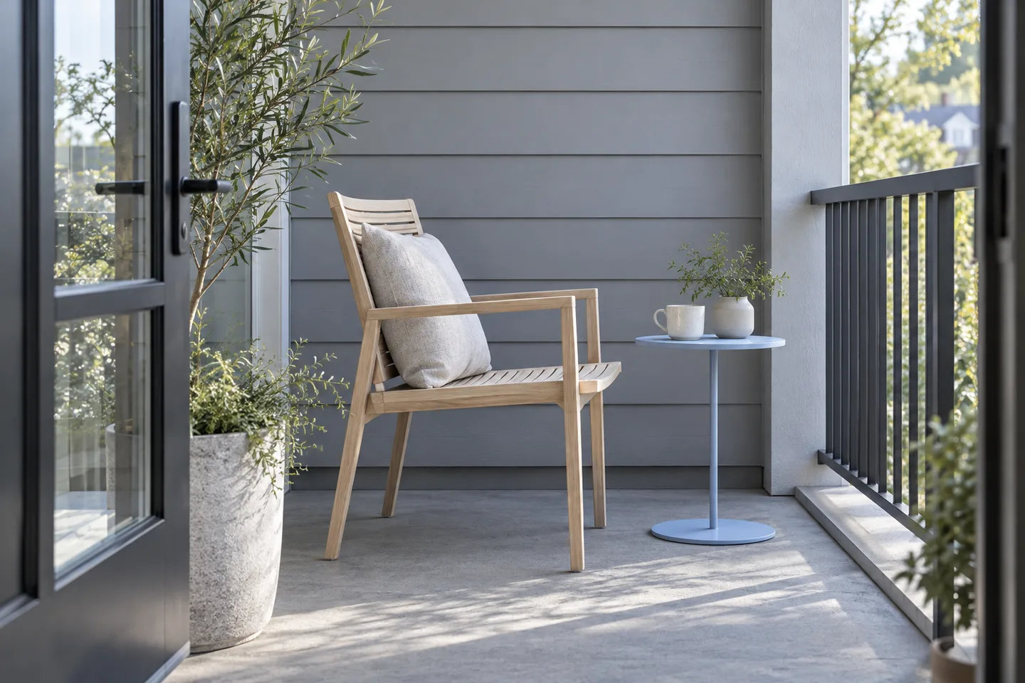 Slim ash-wood outdoor chair and pale blue table beside an open porch route