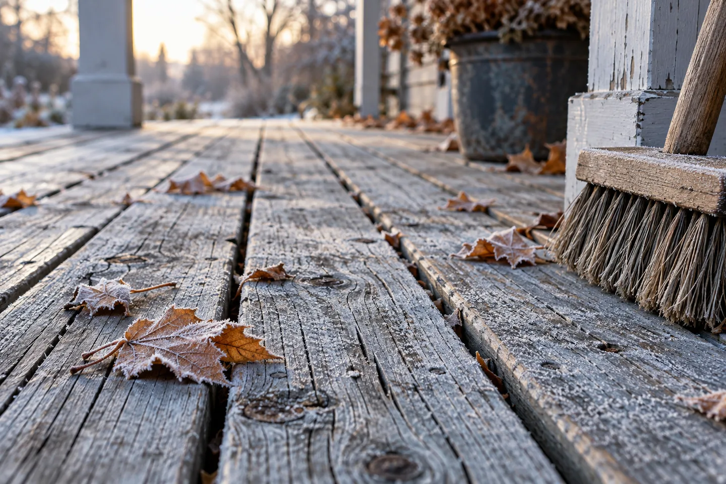 Weathered porch boards with amber leaves and a soft brush in cool autumn light